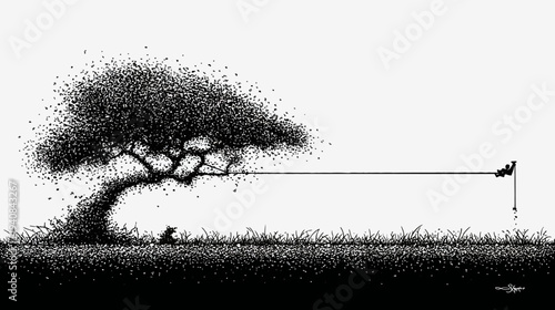A monochrome illustration depicting a tree with a hanging figure, line extending to it