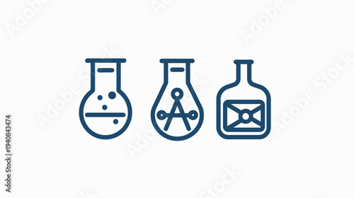 Three stylized laboratory flasks in shades of blue, with various scientific symbols