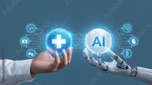 Human and Robotic Hands Reach Across a Futuristic Dark Teal Background in a Symbolic Healthcare AI Collaboration Illustration Viewed Head-on