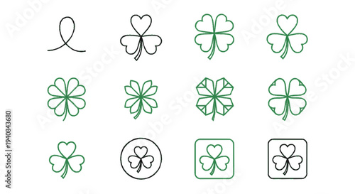 Collection of green and black four leaf clover icons and symbols on white background