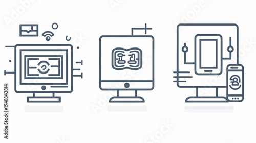 Three minimalist line-art icons depicting a computer, a book on a monitor, and mobile devices