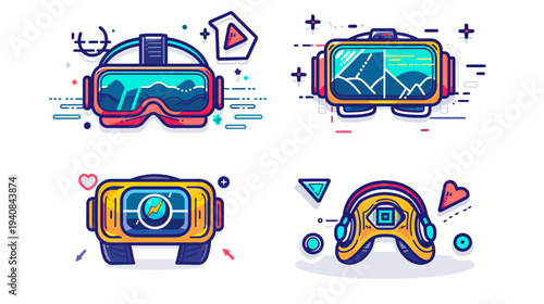 Four vector illustrations of different styles of virtual reality headsets with abstract landscape displays