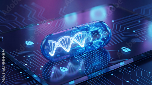 Viewing a blue capsule with DNA helix centered on a dark circuit board, showcasing futuristic biotech innovation in a lab environment