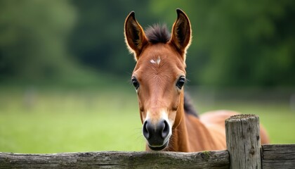 Brown horse foal peeks over weathered wooden fence. Animal gazes with curious eyes into green field. Cute equine head portrait. Gentle farm background.
