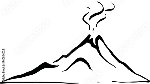 A simple illustration of a volcano erupting with smoke, rendered in stark black and white