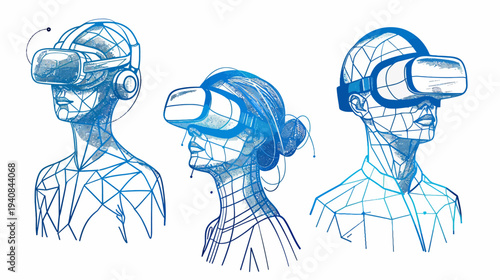 Artistic depiction of three individuals wearing virtual reality headsets, in shades of blue