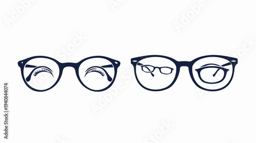A minimalist visual featuring four pairs of dark-framed glasses, each with a unique design inside