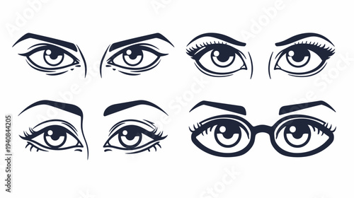 Collection of stylized eyes in various expressions, including one pair with glasses