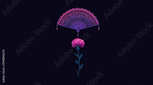 Pixelated artwork with ornate fan and carnation in shades of purple, against a dark background