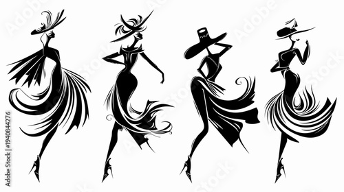 Silhouettes of elegant women wearing hats, flowing dresses, and high heels in a black and white graphic