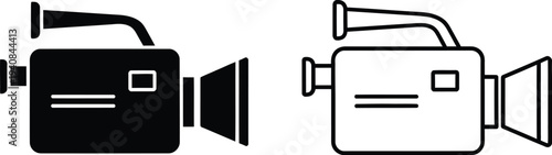 Set of 2 Video Camera Icons Vector: Black Solid and Outline Style Camcorder Symbols for Multimedia, Film, and Digital Content