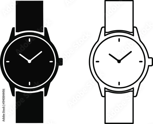 Minimalist watches - elegant black and white designs isolated on transparent background, Vector
