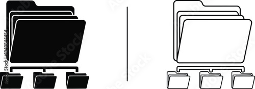 Hierarchical Folder Structure Icon Set Vector with Black Solid and Outline Versions for Data Organization and File Management