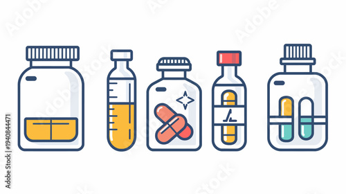 Illustration featuring five different containers filled with pills and liquids for medical purposes