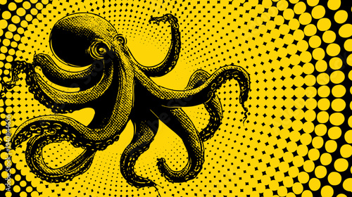 A black octopus illustration on a yellow halftone background, tentacles sprawling