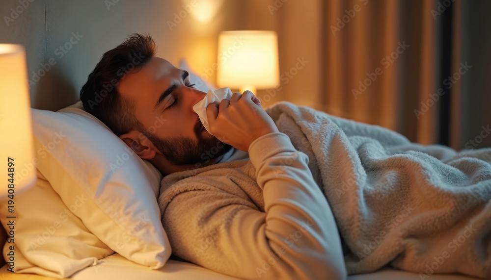 Obraz premium Man feels sick in bed, covers face with tissue. He has cold or flu symptoms, rests at night with soft blanket and warm light. Needs rest and care.