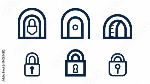 Six blue-hued line art icons arched shapes, lock symbols, security elements, and keyhole design