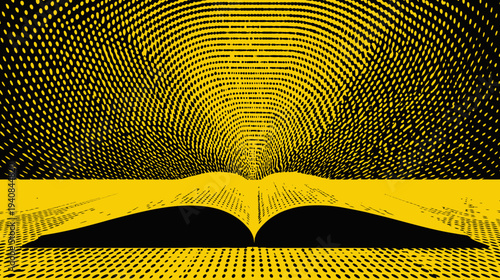 Graphic artwork of an open book rendered with yellow dots against a black background