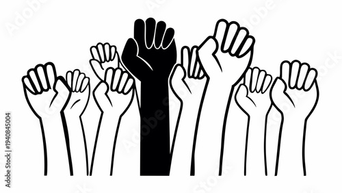 Minimalist Line Art Illustration of Diverse Hands Raised in Unity, Symbolizing Social Justice and Activism, Suitable for Posters and Awareness Campaigns.