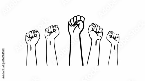 Minimalist Line Art Illustration of Diverse Hands Raised in Unity, Symbolizing Social Justice and Activism, Suitable for Posters and Awareness Campaigns.