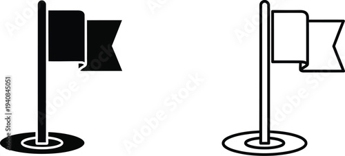 Black white flag designs on poles - minimalist icon set isolated on transparent background, Vector