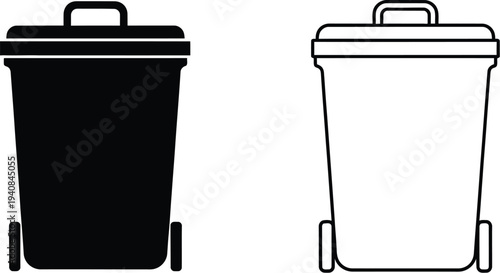 Black and white trash bin icons set isolated on transparent background, Vector