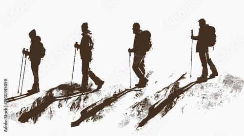 Silhouette illustration of four figures skiing on a snowy landscape, brown tones, white backdrop