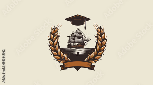 Illustration featuring a sailing ship, graduation cap, wheat wreath, and banner, all in sepia tones