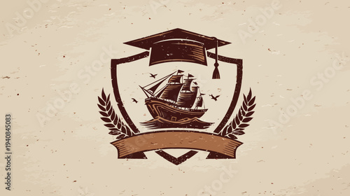 A vintage-style emblem of a ship sailing through waves, encompassed by a shield and laurel leaves, with graduation cap