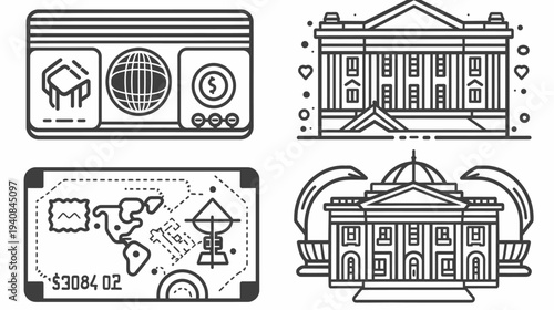 Collection of stylized line-art illustrations, including a credit card, map, and buildings