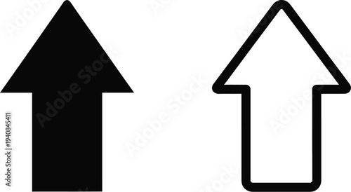 Set of two black and white up arrows vector icons, one solid filled and one outlined, pointing upwards for navigation, upload, or direction