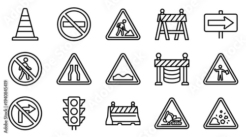 Collection of road and traffic signs and symbols in line art style for design and navigation purposes