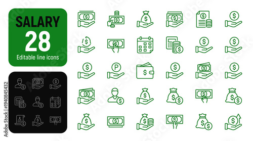 Collection of green line icons related to salary and finance