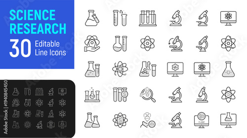 Science research icons set including laboratory equipment and symbols for biology and chemistry