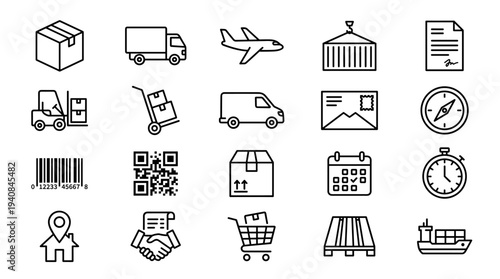 Collection of various delivery and shipping icons on for logistics and transportation concepts