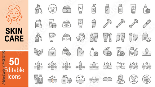 Collection of 50 editable skin care icons for beauty and skincare concepts