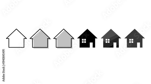A set of six different colored house icons in various shades and styles