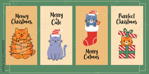 Christmas cat illustration card set, festive holiday design, cute cartoon motif artwork, gift stocking symbol, Santa hat decorative motif, flat vector drawing