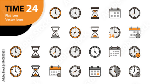 Collection of various clocks and calendar icons in gray and orange