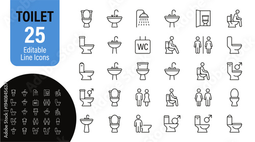 A set of 25 toilet and bathroom related thin line icons including people and facilities