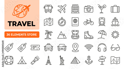 A collection of 36 travel related line icons on a for design projects