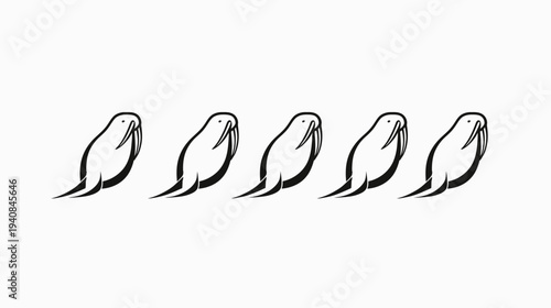 Stylized, repeating silhouette of five marine mammals with tusks, ink drawing style