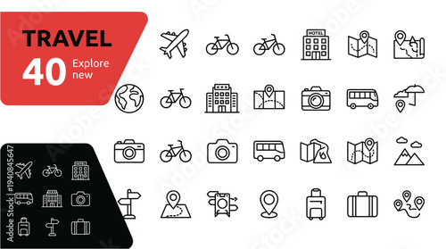 Collection of various travel related icons and symbols in line style