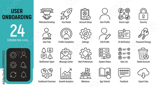 Collection of various user onboarding icons in black and white