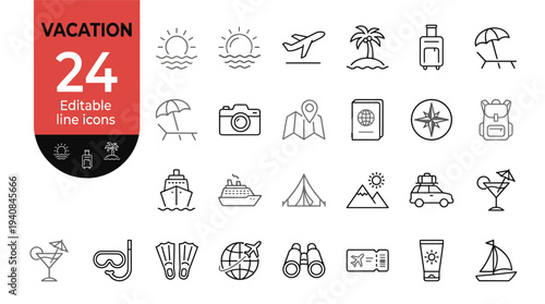 Editable line icons of vacation and travel related symbols and objects in simple style