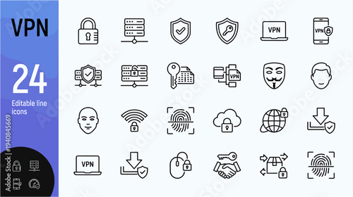 Collection of black line icons related to vpn and online security