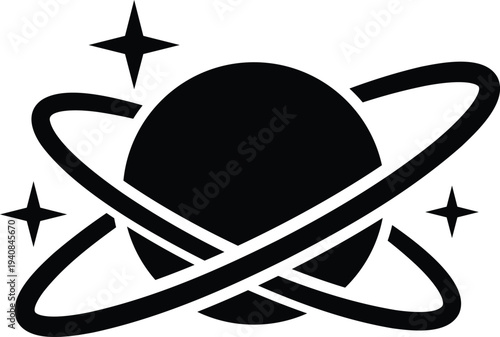 Black planet with orbiting rings and four starbursts on white background stars