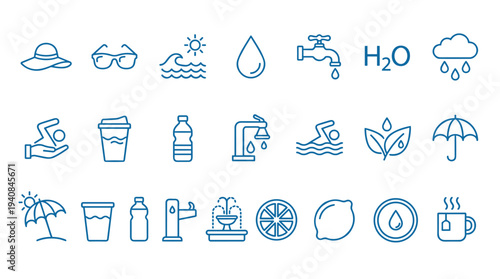 Collection of various summer vacation and hydration icons in blue line style