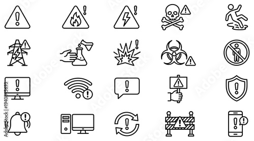 Collection of 20 warning and hazard icons in line style for various safety and caution concepts