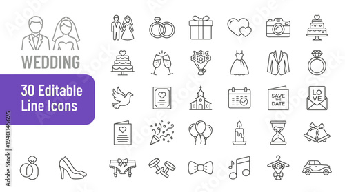 Editable wedding line icons set for design projects and presentations